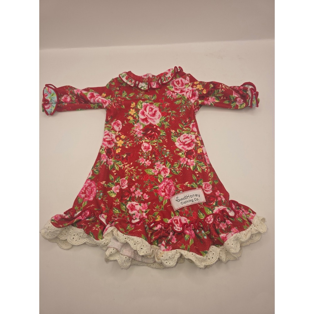 Sweet Honey Clothing Co Red Floral Doll Dress for 18 Inch Dolls Eyelet Lace Trim
